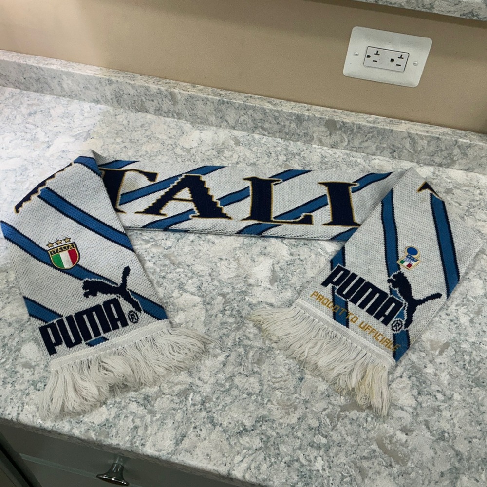 Puma Scarf Italia FIGC Soccer OS White Blue Striped Knit Fringe Made in Italy